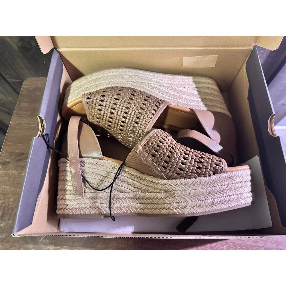 Boho Taupe Woven Espadrille Platform Wedge Cottagecore Sandals‎ 9.5 M NEW